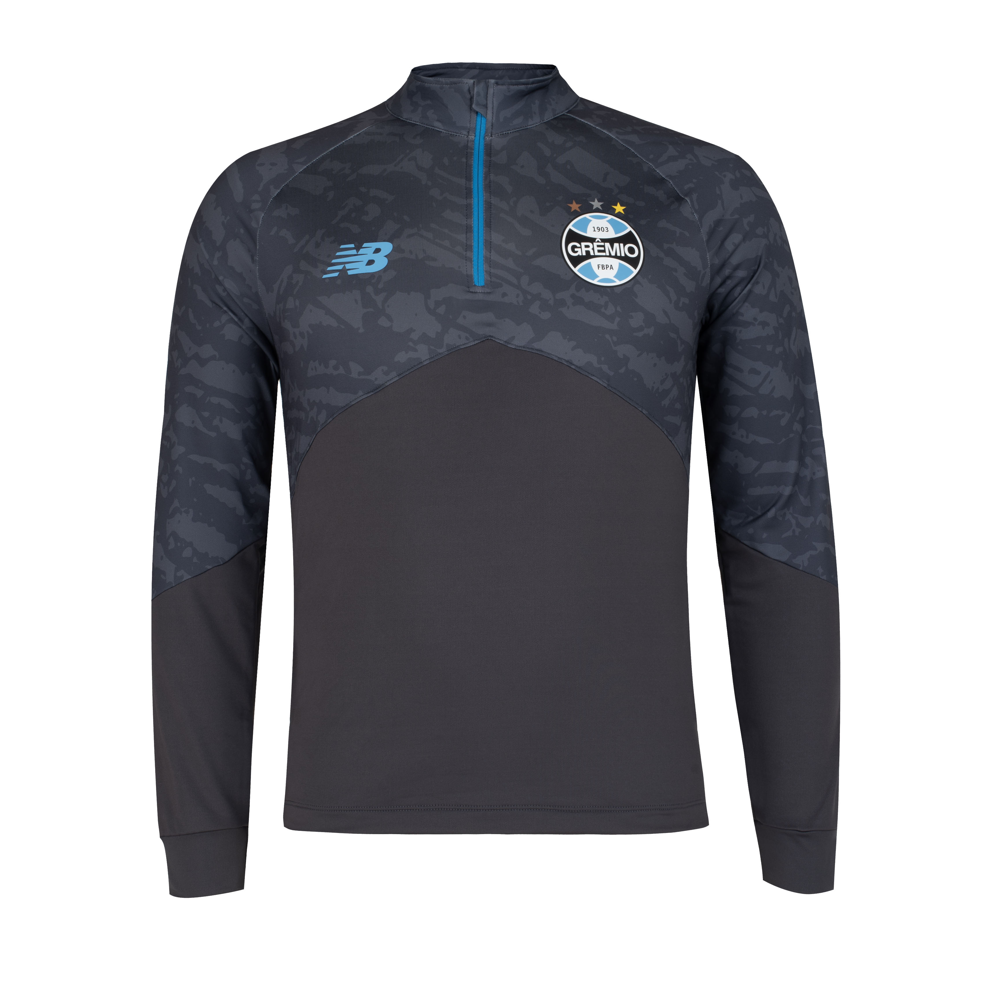 Casaco masculino New Balance Grêmio 2026 na cor cinza com detalhes em azul celeste e logotipos do clube